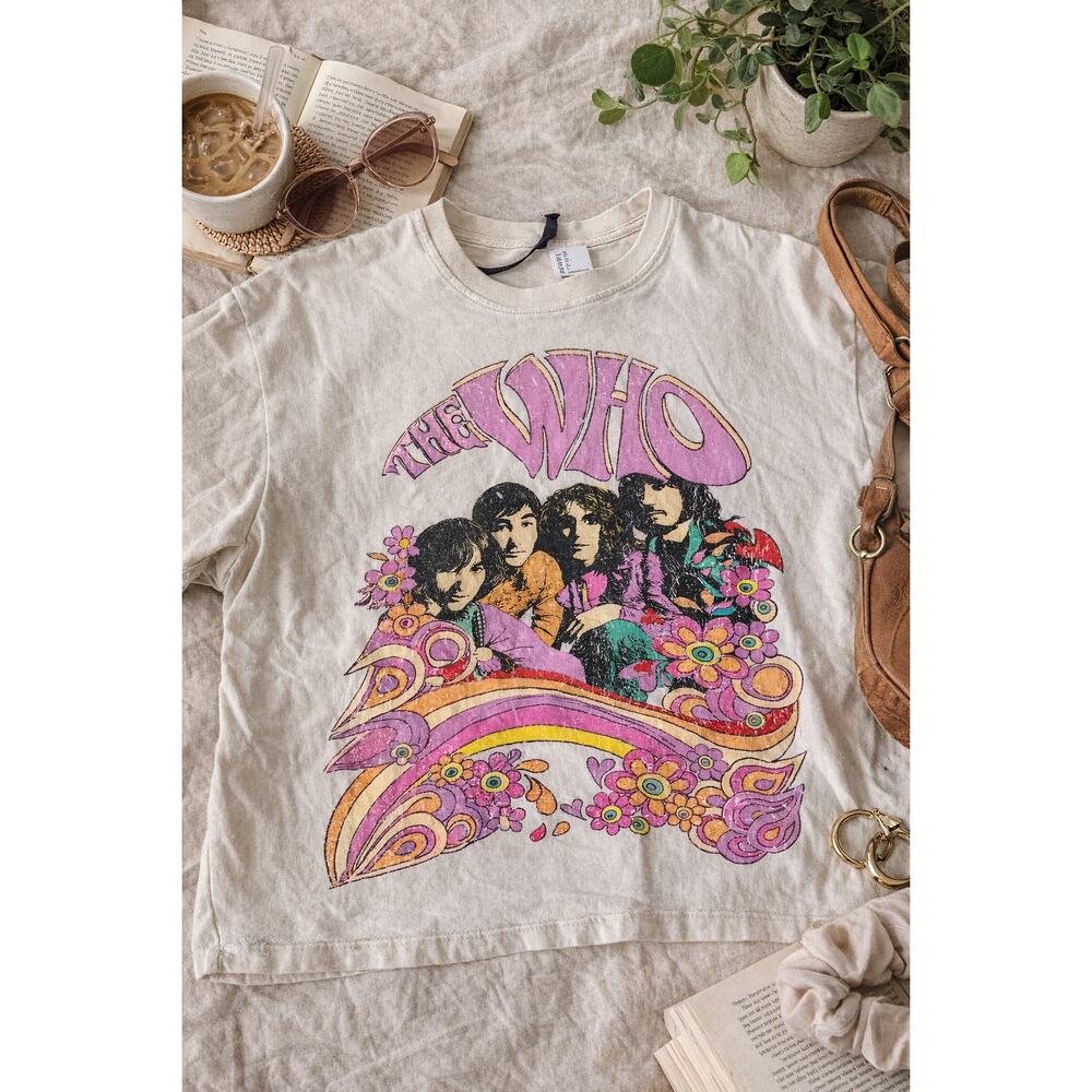 The Who Graphic Tee H&M Cream Retro Band Shirt Psychedelic Floral Rock Tee Med - Picture 2 of 8